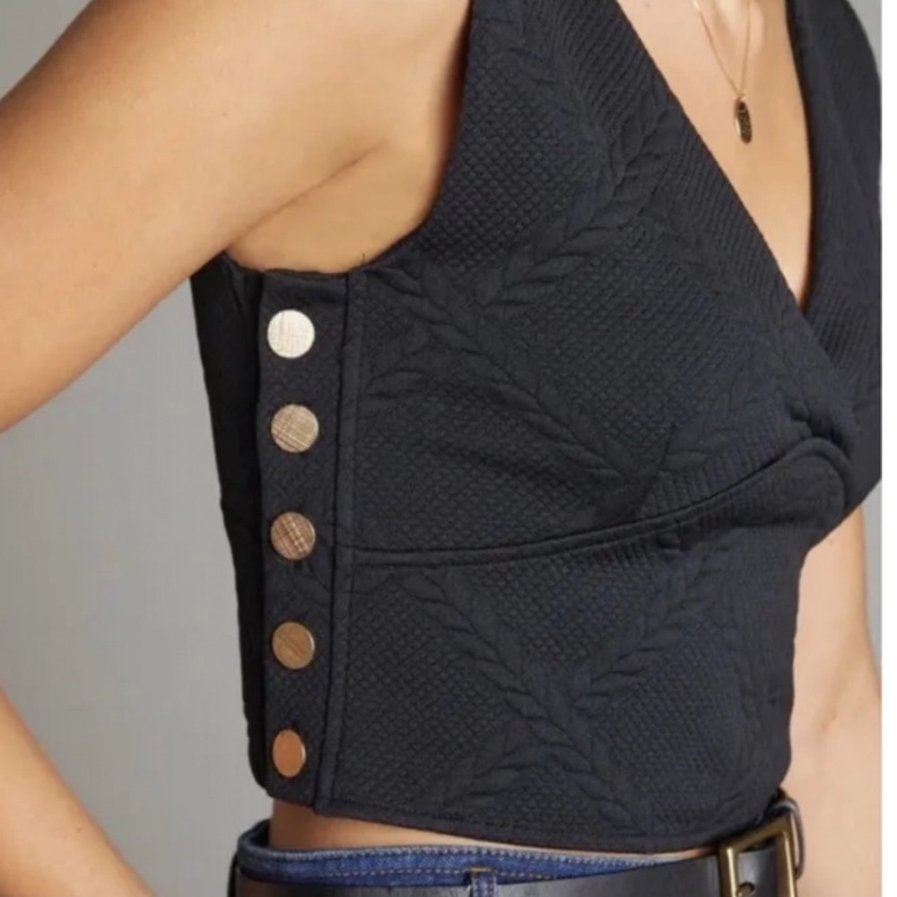 Maeve Black Cable Knit Textured Crop Top V-Neck Wrap Sleeveless with Side Button